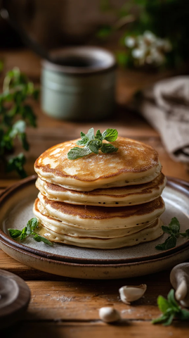 木桌上的老式煎饼与香草装饰