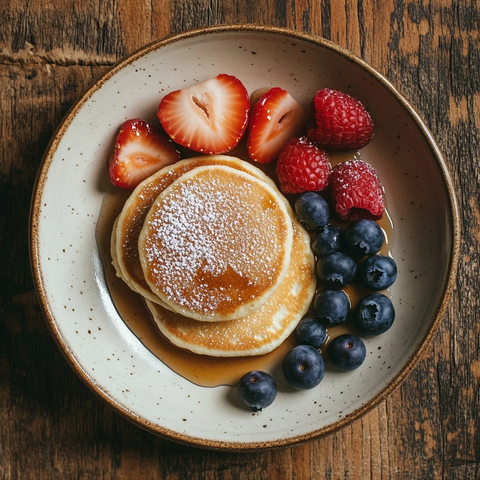 陶瓷盘装黄金煎饼与浆果