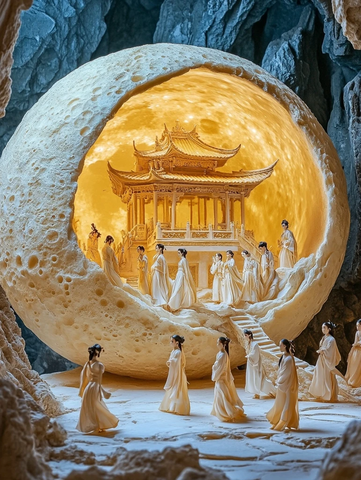 洞穴中月形建筑内的古装女子群像