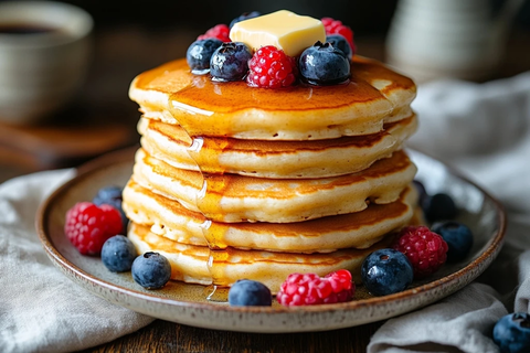 酸面团煎饼配枫糖浆和浆果