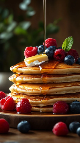 金黄色煎饼淋枫糖浆配鲜果