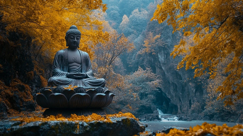 山林中一尊佛像的宁静景象