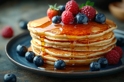 蓝莓草莓覆盆子松饼堆