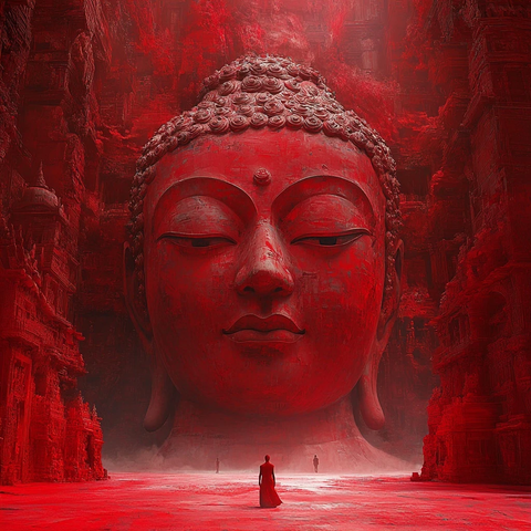 巨型佛像前站着人的神秘场景