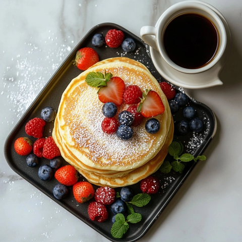 高角度拍摄白色桌面煎饼托盘