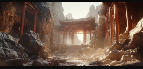 山间古建岩石间的传统中式建筑