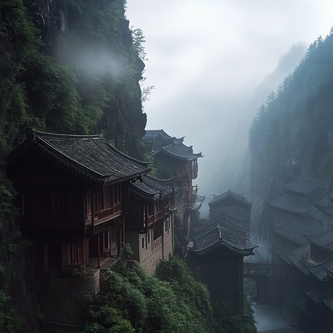 山间云雾中的传统古建筑群