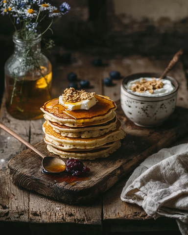 木板早餐蛋糕酸奶蜂蜜果酱