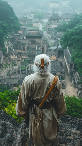 古装老者站在崖边俯瞰古老村落全景