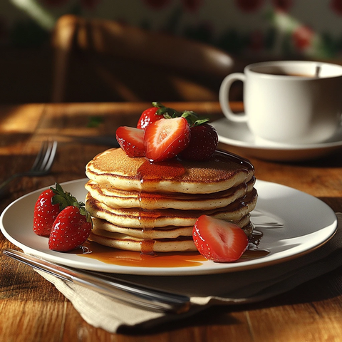 燕麦煎饼与草莓和咖啡