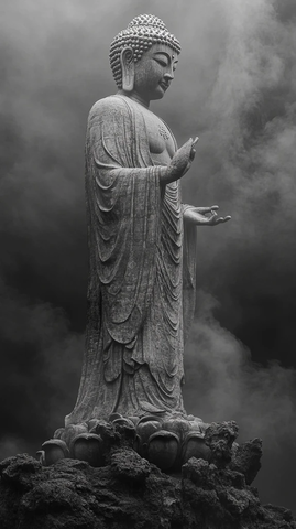 云雾缭绕中屹立的大佛雕像