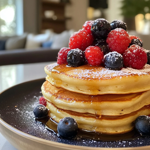 松软煎饼配鲜果枫糖