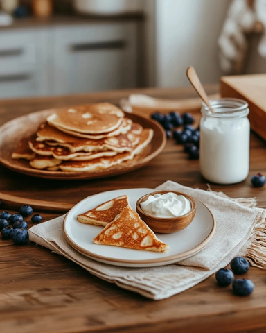 木板上的蓝莓与酸奶奶油
