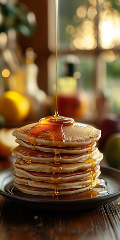 蜂蜜松饼与水果木桌