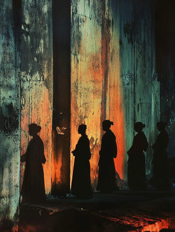 暗光环境下多人站立的剪影画面