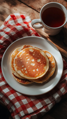 热煎饼与茶杯餐桌布置