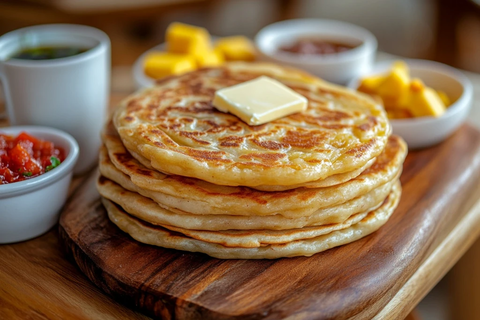 热腾腾的黄油烤薄饼和山羊奶酪