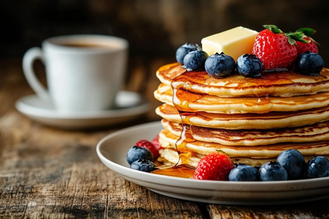 松软煎饼配蓝莓草莓早餐