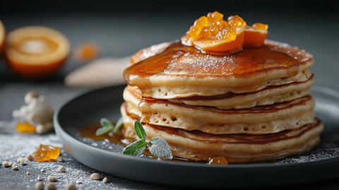 金色棕色煎饼与橙味果酱