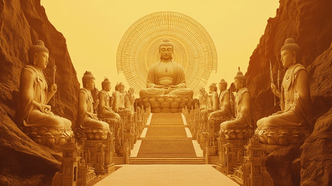 大佛雕像及周边佛像群像的全景展示