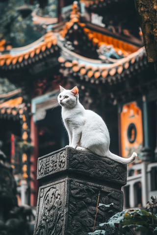 古建筑前石墩上的白猫