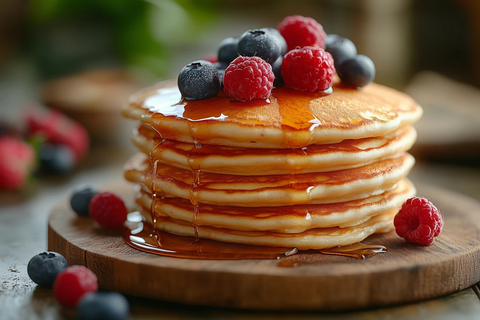 松软煎饼配新鲜浆果枫糖
