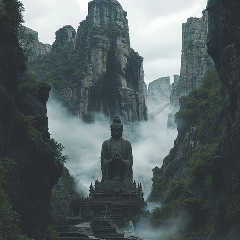 山间云雾中的大佛雕塑壮观景象