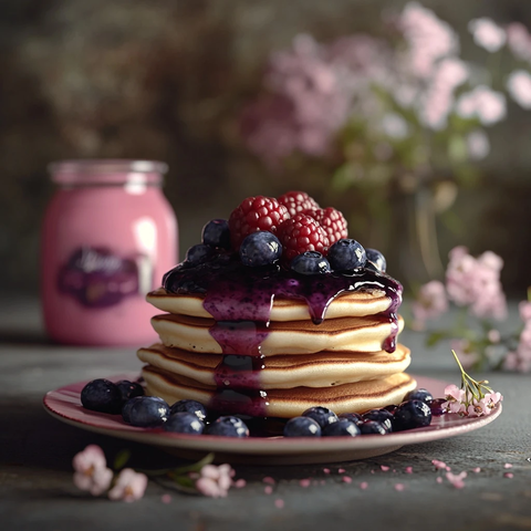 蓝莓酱煎饼与粉红果酱罐