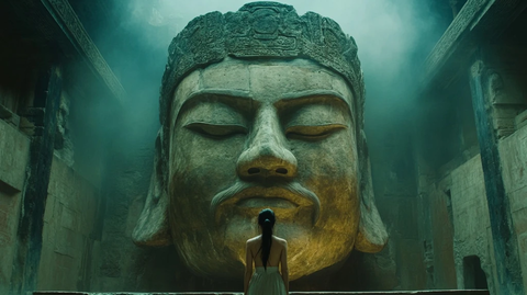 女子站在巨型佛像前的景象