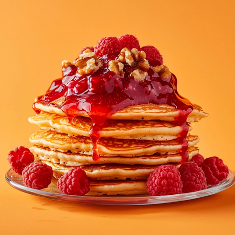 金色煎饼配覆盆子酱与核桃