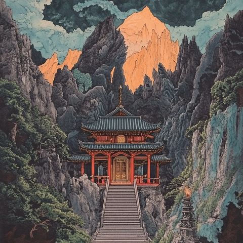 山间古寺全景雄伟壮丽的自然人文景观