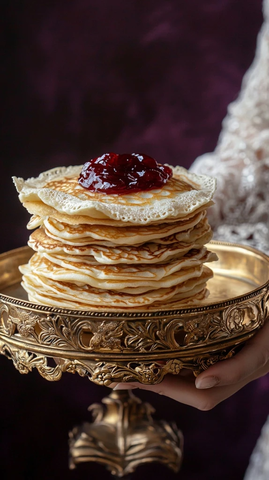 金色托盘与薄饼配草莓酱