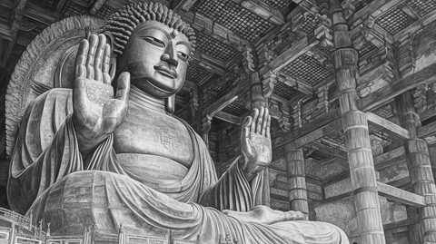 大佛雕像坐于古建筑内的景象