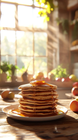 蜂蜜松饼与水果木桌静物