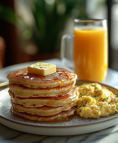 黄金煎饼配奶油蛋与烟熏培根