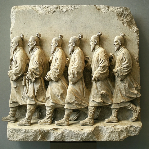 古代人物列队行进的石雕作品