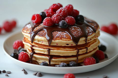 金棕色煎饼配巧克力酱与浆果