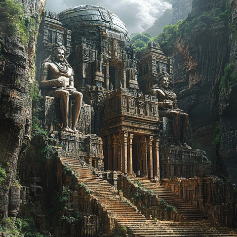 山间古老神秘的巨型雕塑建筑景观