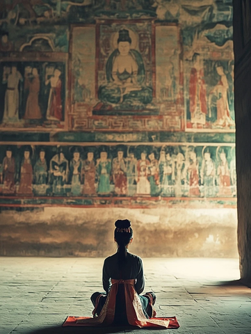 女子在壁画前打坐冥想的画面