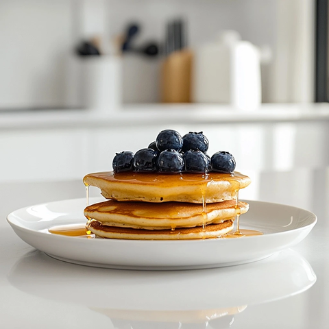 白色盘子上的蓝莓蜂蜜松饼