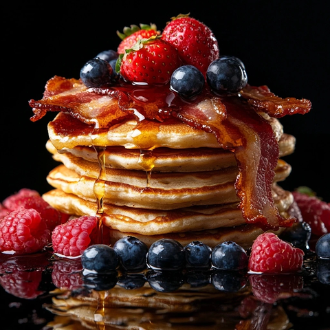 金黄煎饼搭配脆培根水果