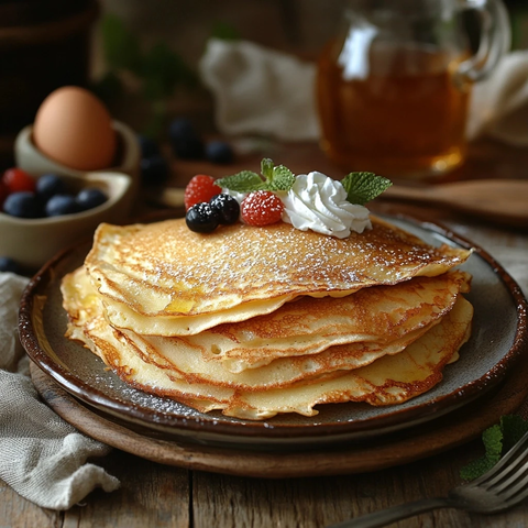 金黄薄饼配蜂蜜与浆果