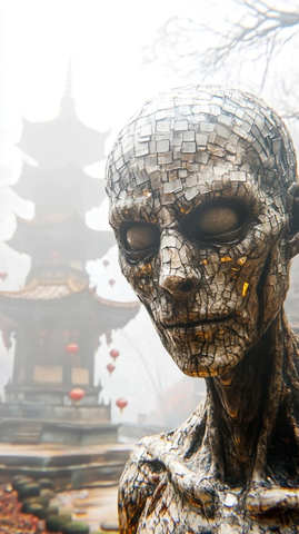 古亭前的诡异人形雕塑特写