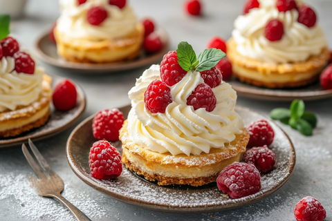 香草派配奶油和覆盆子