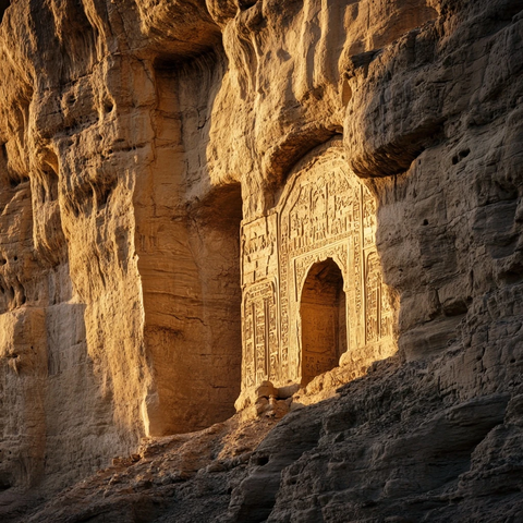 刻有神秘符号的古老崖壁建筑遗址