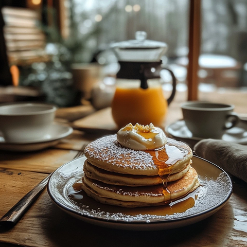 早餐桌上的煎饼与咖啡