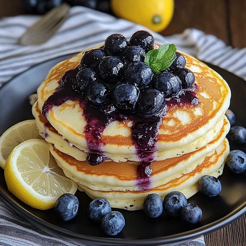 柠檬乳清干酪煎饼搭配蓝莓酱