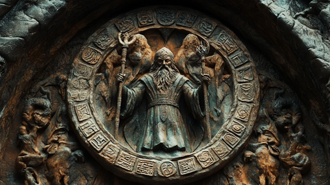 古老石壁上的神秘巫师雕刻像