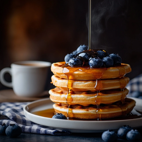 金黄色华夫饼蓝莓咖啡