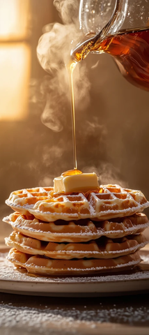 热腾腾的华夫饼堆叠黄油糖浆点缀
